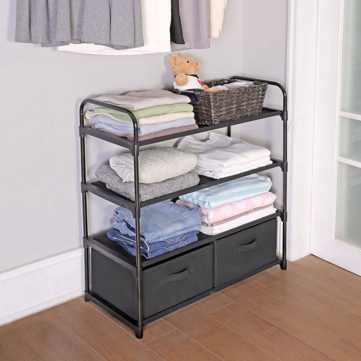 Mainstays 4 Shelf Closet Storage Organizer for Clothes with 2 Fabric Bins, Black