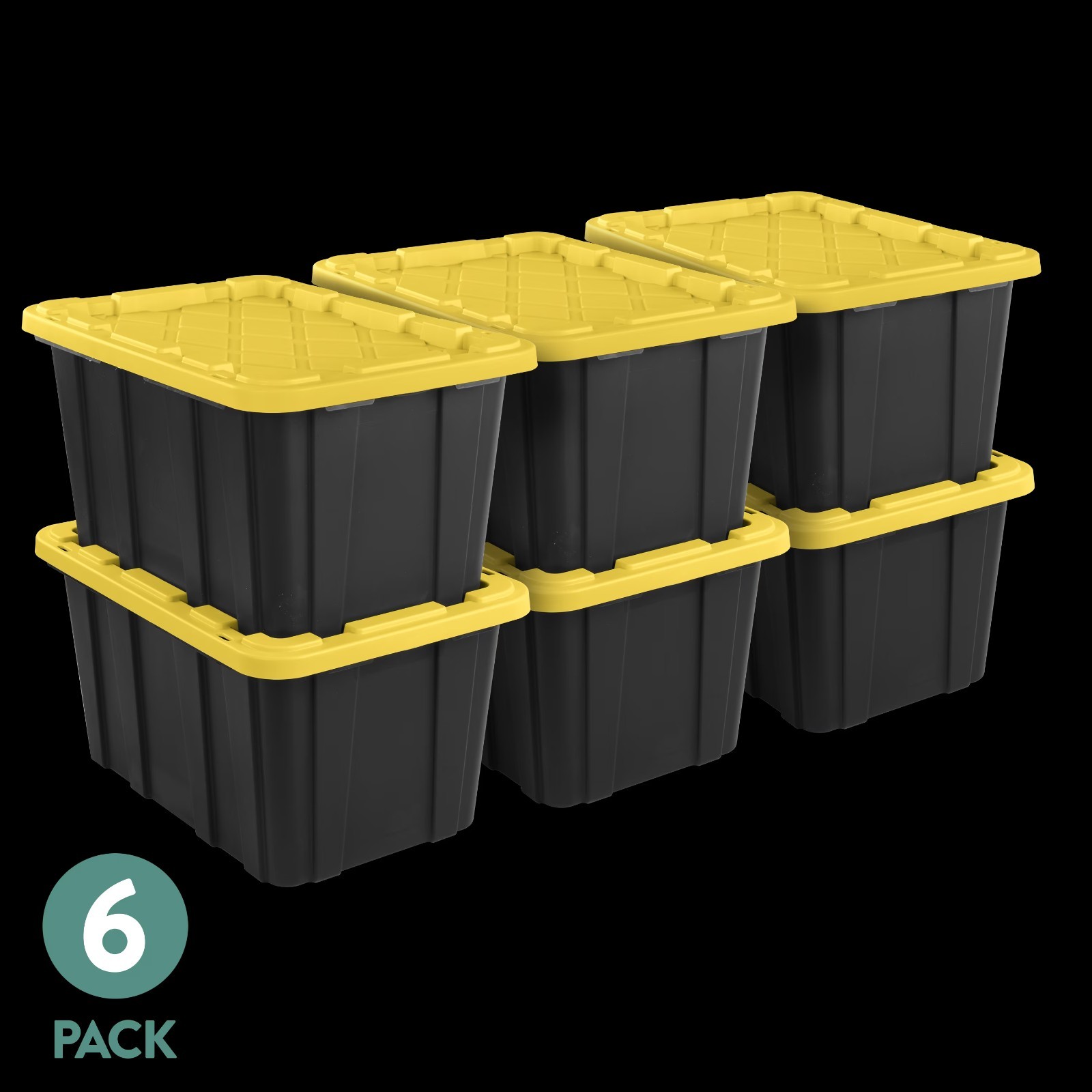 Sterilite 27 Gal Tough Storage Bins 6-Pack Black Plastic Garage Totes Snap Lid