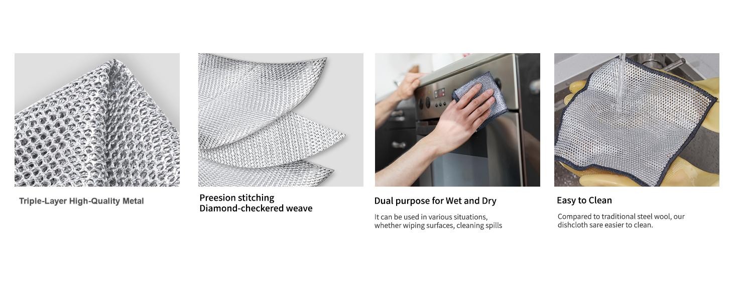 12PK 3-Layer Non-Scratch Wire Dishcloths, 7.87 x 7.87 in | metal scrubber,wet &