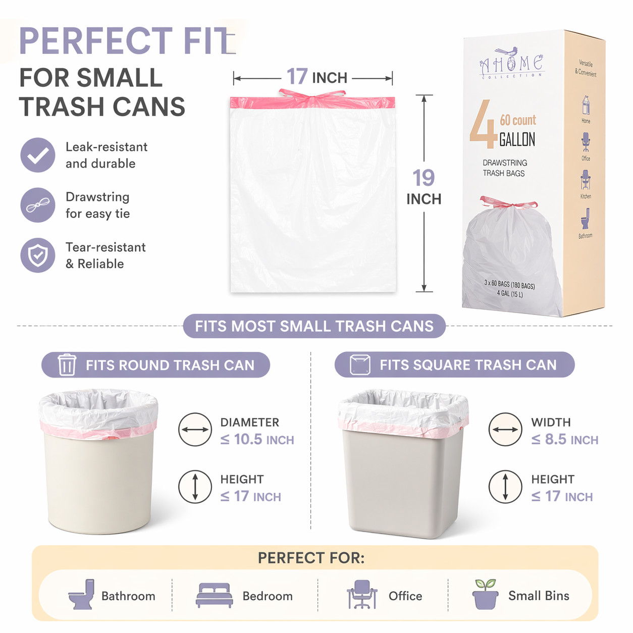 Trash Bags 4 Gallon Small Drawstring Garbage Bags Strong Unscented 60 Count