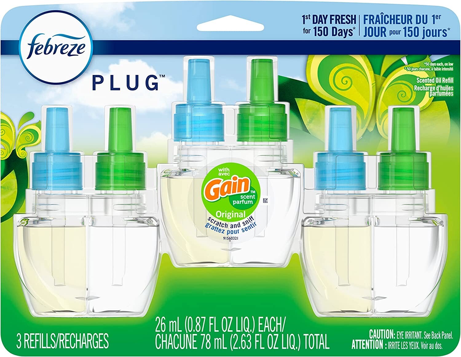 Febreze Plug in Air Fresheners, Gain Original Scent, Scented Oil Refill, 3 Count