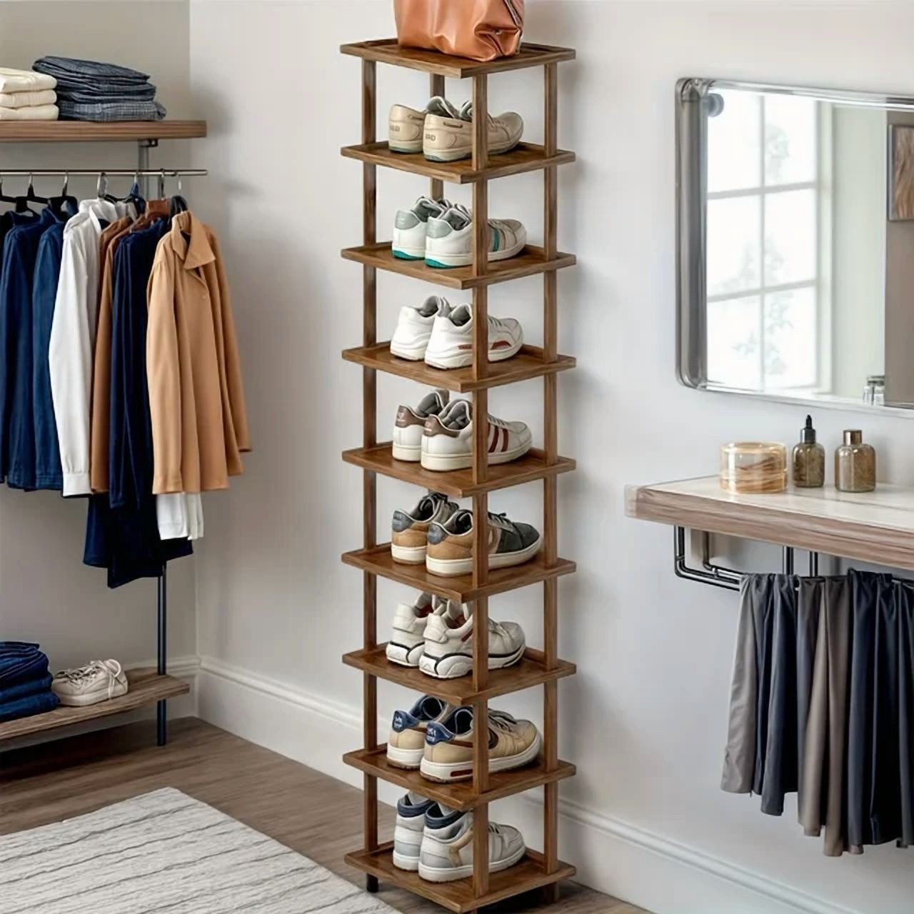 9-Tier Bamboo Vertical Shoe Rack Tall Narrow Space Saving Organizer Entryway
