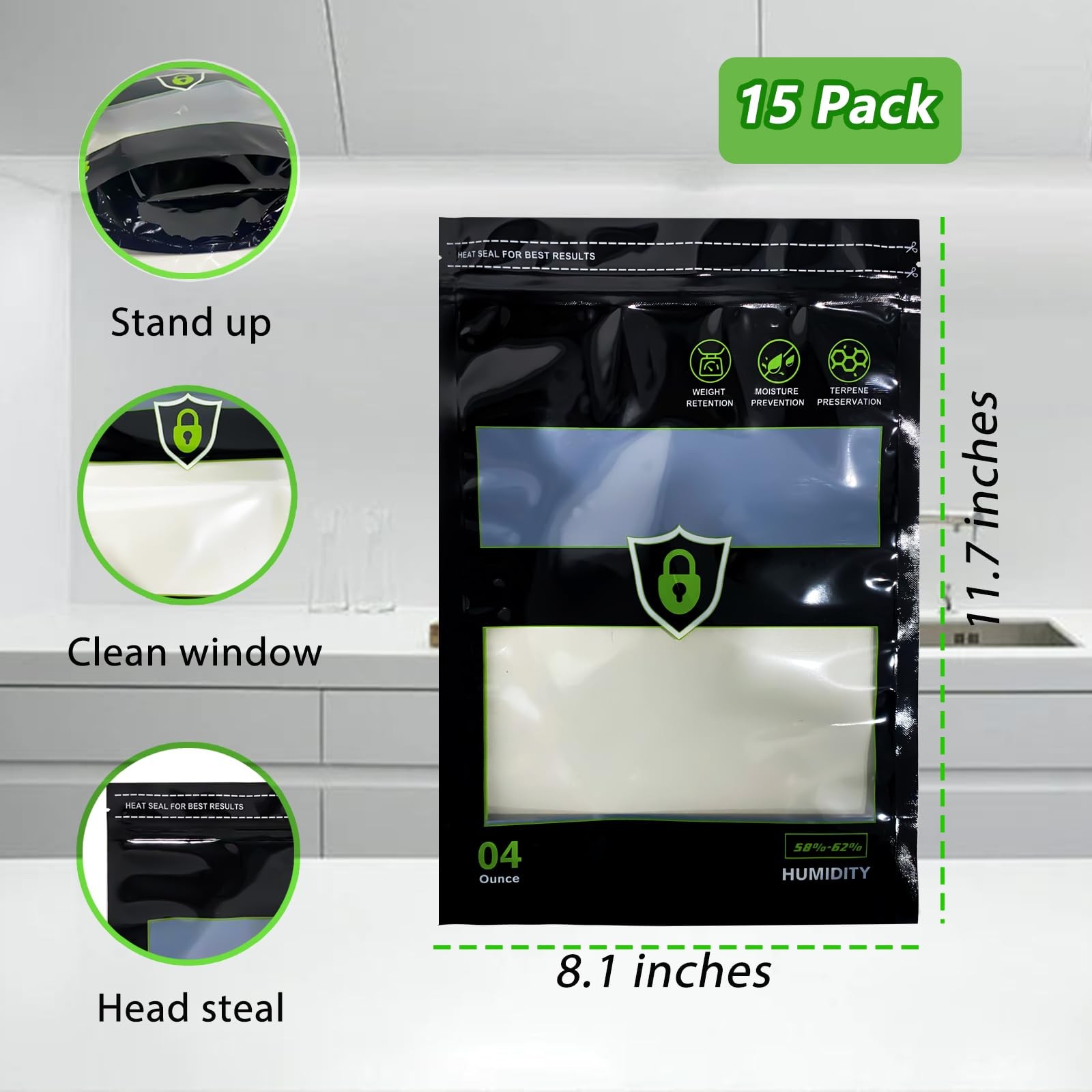 15 Pcs 1/4 LB Storage Terp Bag 58%-62% RH 2-Way 0.11829 liters, black