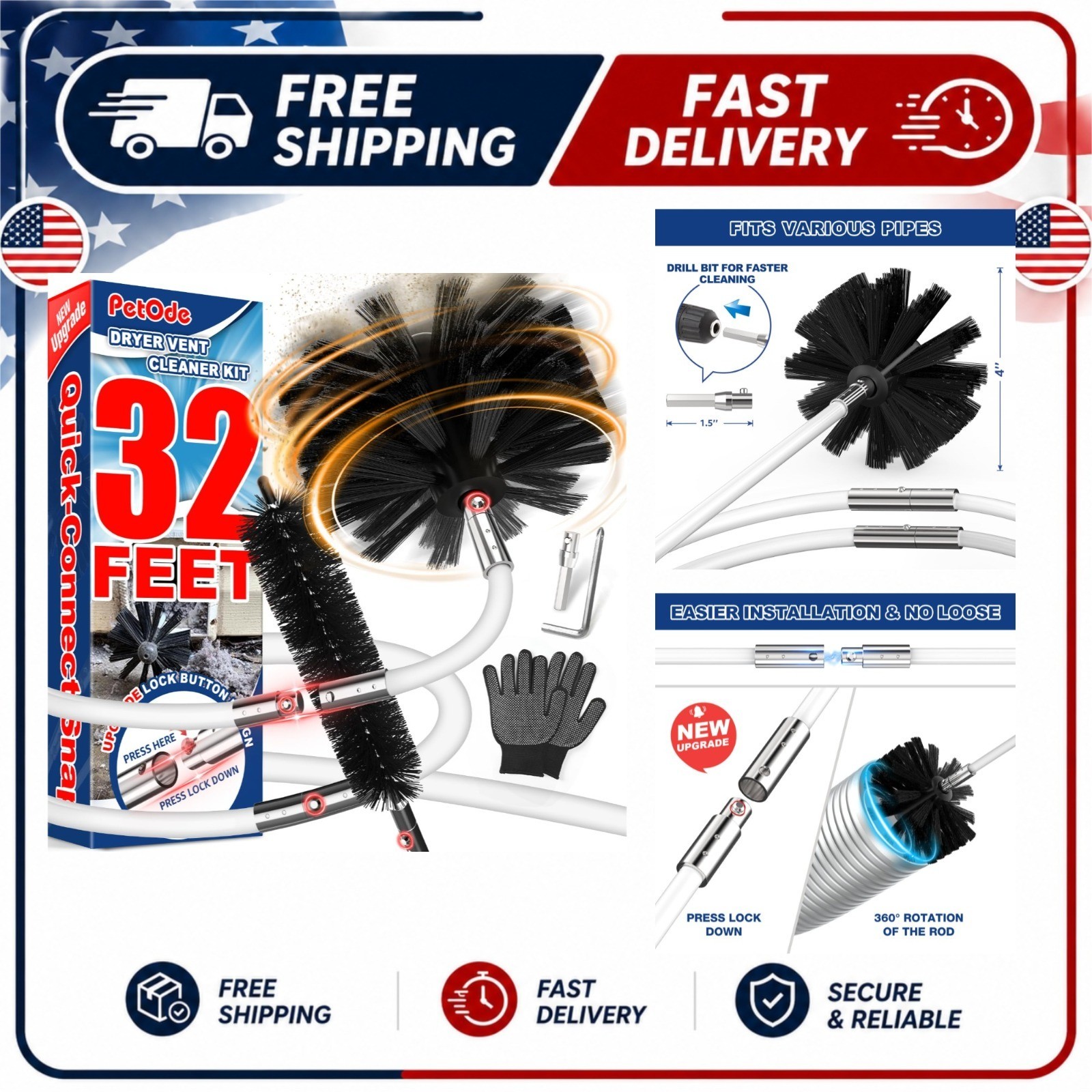 Dryer Vent Cleaner Kit 32 ft Flexible Lint Brush Drill Attachment PetOde