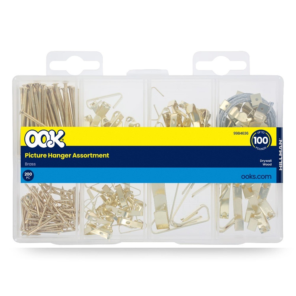 Picture Hanging Kit, 10-100 lbs, Steel, Brass Finish, Gold, 200 pack