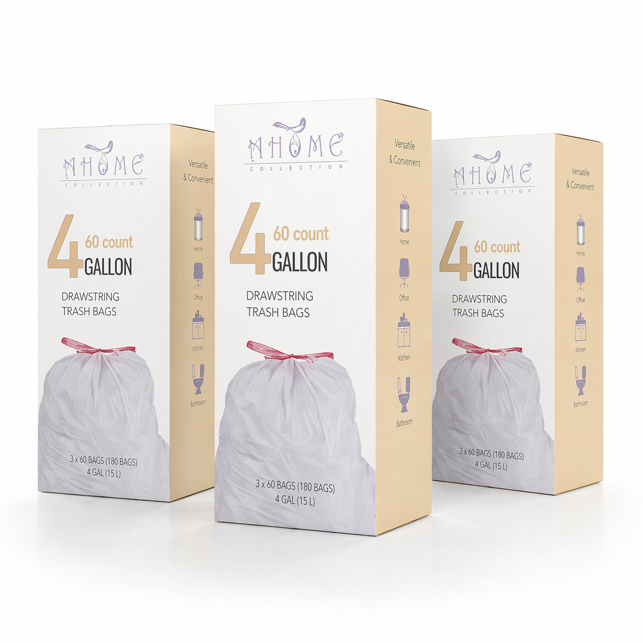Trash Bags 4 Gallon Small Drawstring Garbage Bags Strong Unscented 60 Count