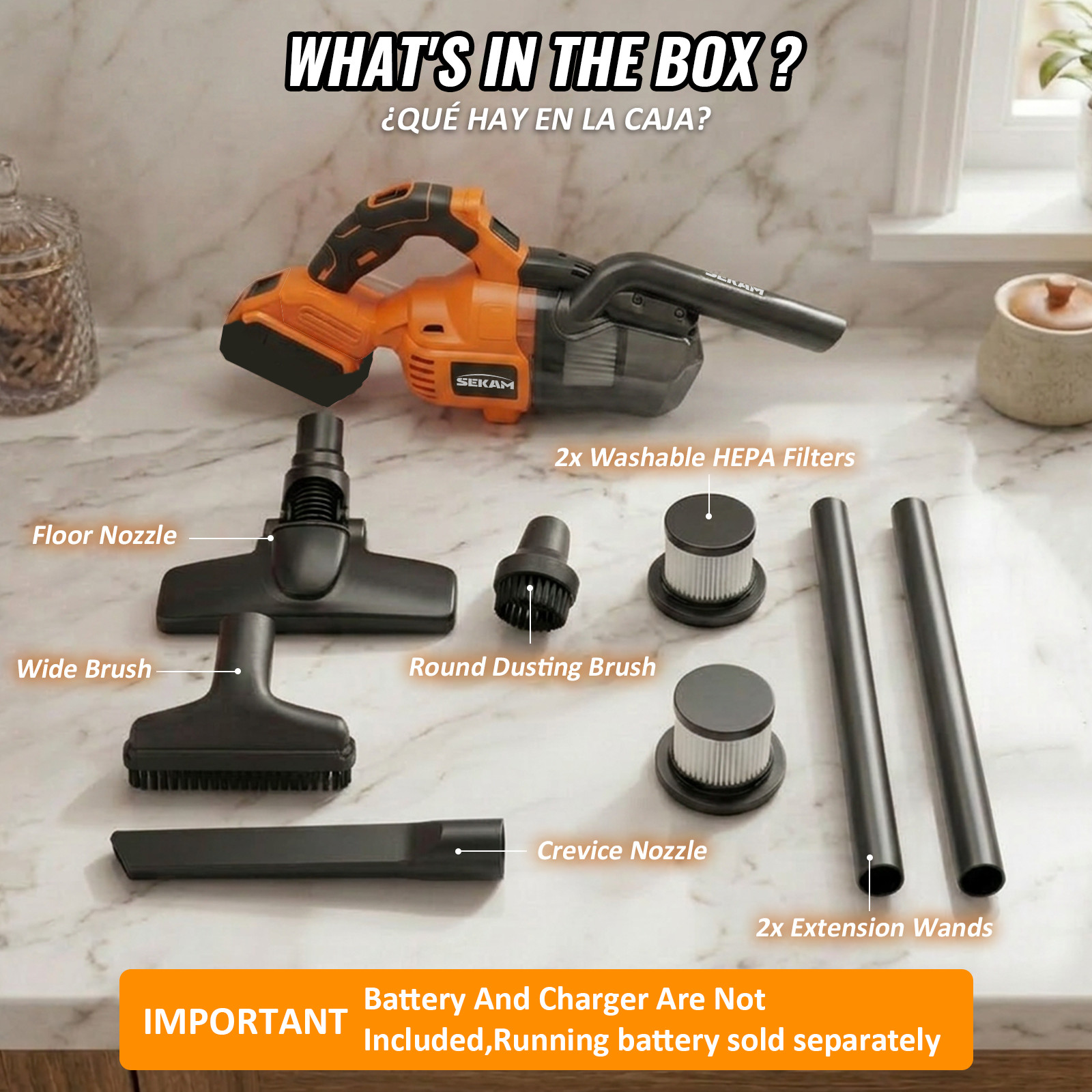 Wireless Vacuum Cleaner Handheld Stick Extension Rod Multi Surface Broom Orange
