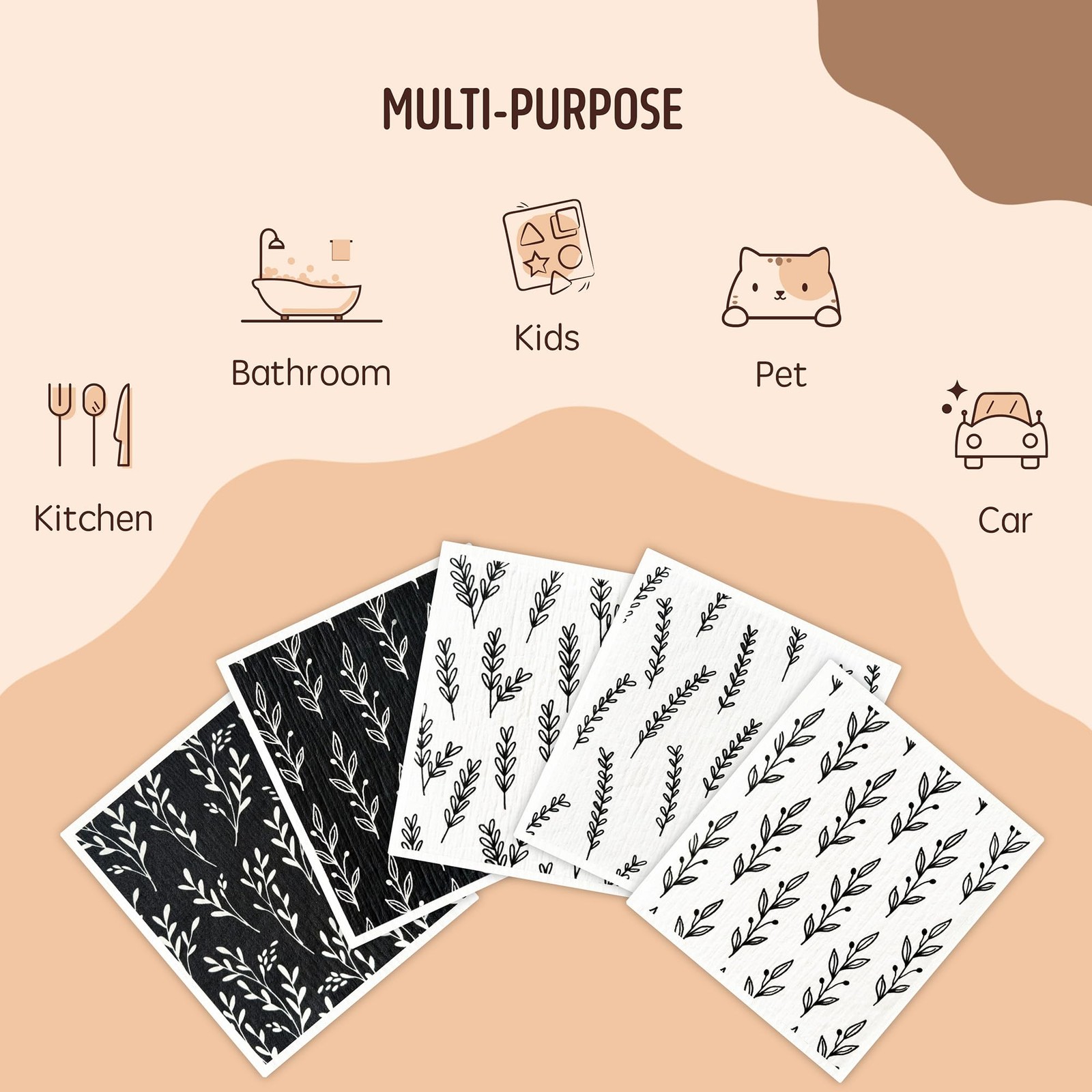 Augine Swedish Dishcloths for 5 Count (Pack of 1), 5 Count- Black and White