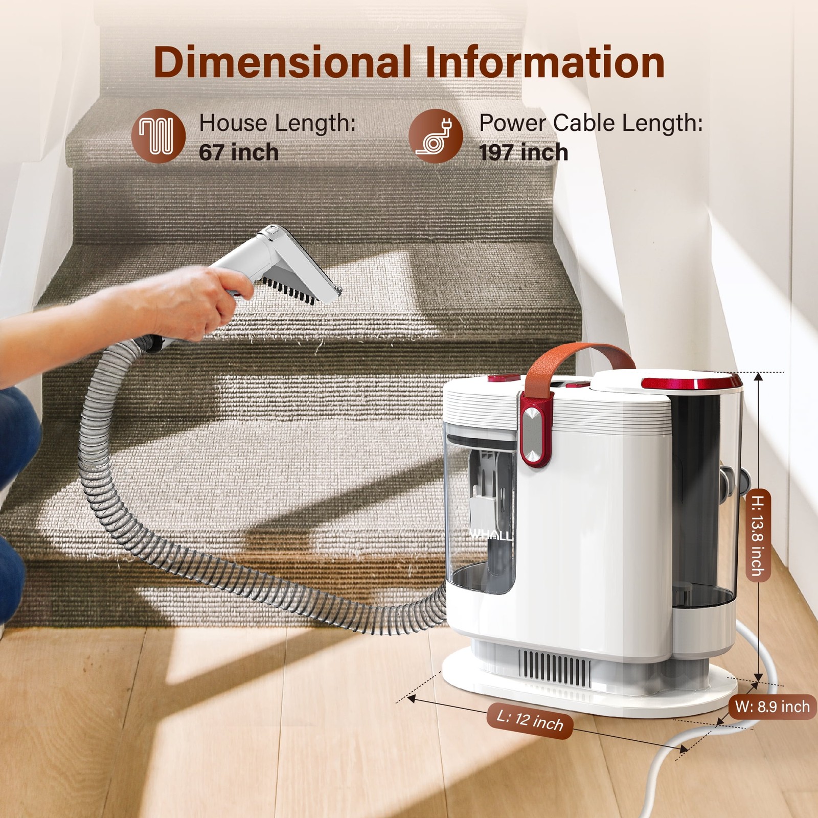 WHALL Portable Carpet Cleaner Machine, 15KPa Suction, Dual Water Tanks, Wide