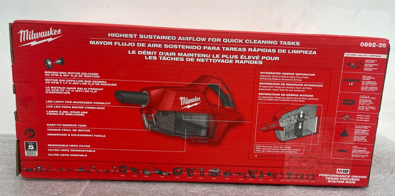 Milwaukee 0892-20 M18 Brushless Handheld Vacuum Tool Only 18V HEPA Filter
