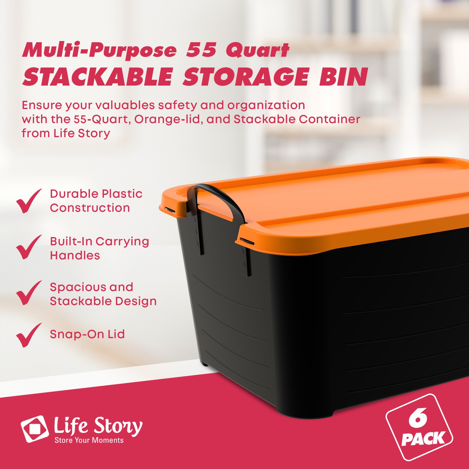 Life Story 55 Quart Stackable Storage Bin, Heavy Duty Lidded Container, 6 Pack