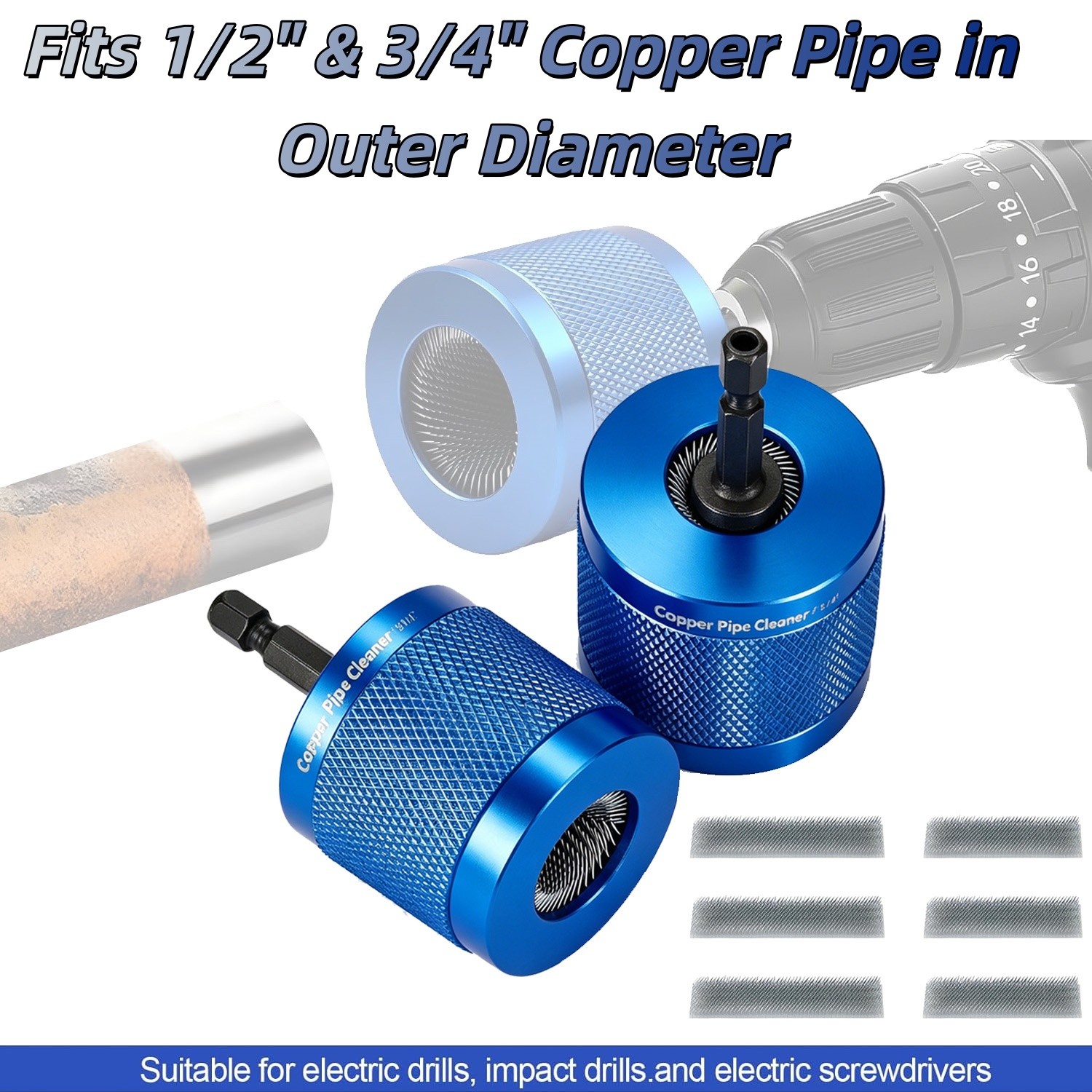 1/2″ & 3/4″ Metal Copper Pipe Cleaner Set,with 1/4 Hex Shank,Each Additional 2PC