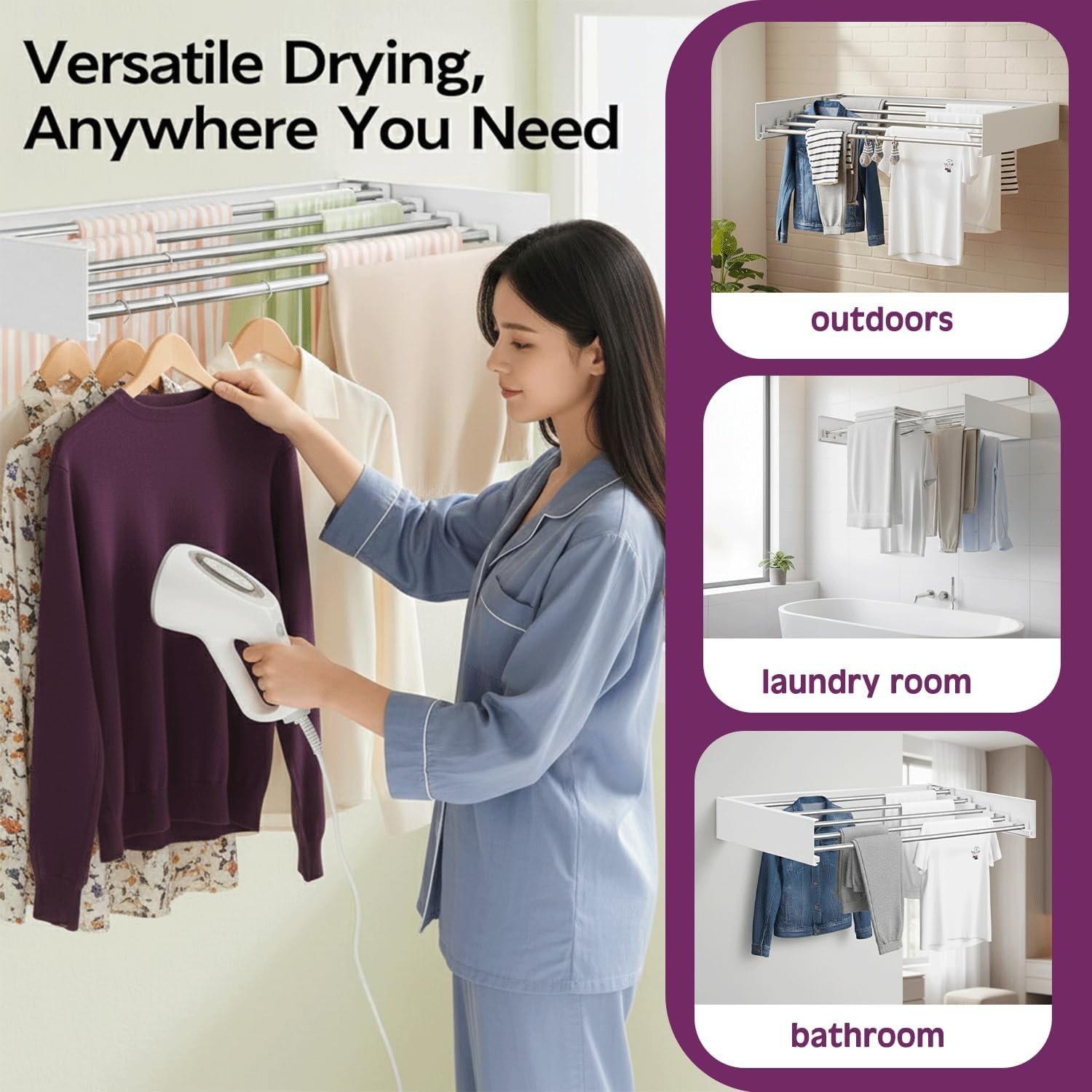Wall Mounted Stainless Steel Clothes Drying Rack 32″, Foldable Collapsible