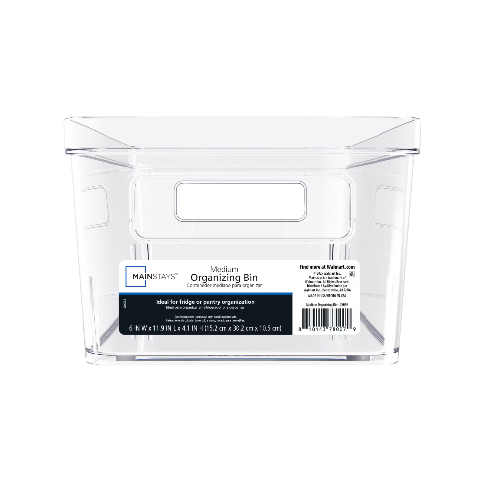 Medium Clear Plastic Pantry Storage Organizer Bin with Handles, 12 in x 6 in x