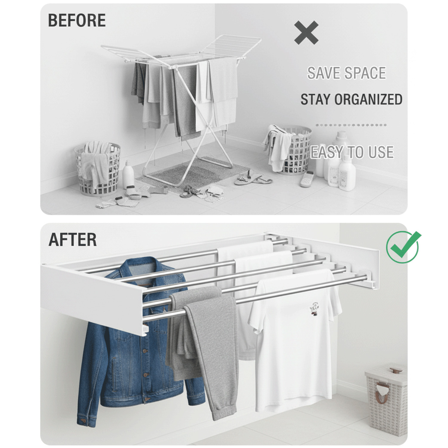 Wall Mounted Stainless Steel Clothes Drying Rack 32″, Foldable Collapsible
