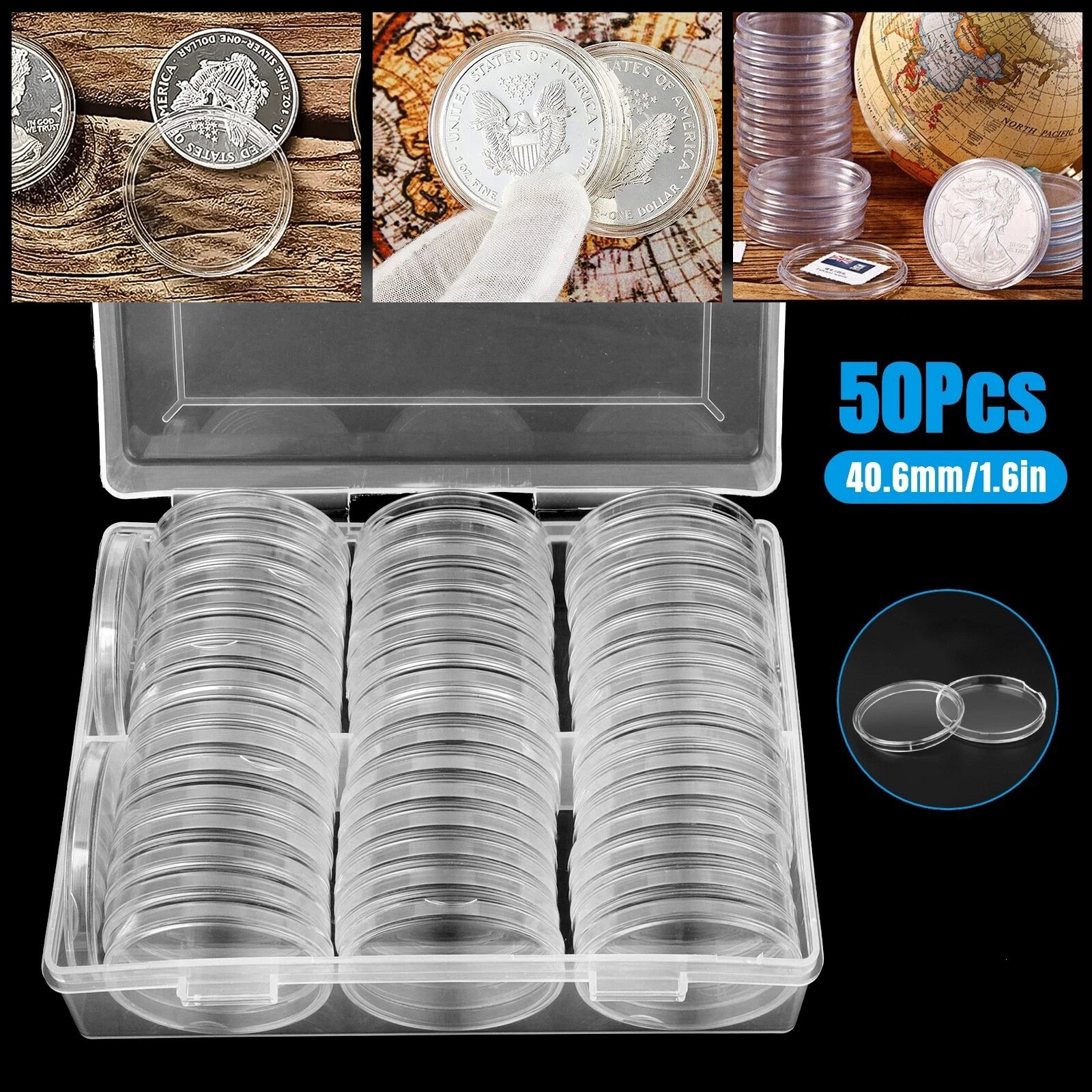 50pcs 40mm Clear Coin Capsules For Morgan Silver Dollar Half Dollar Coins USA