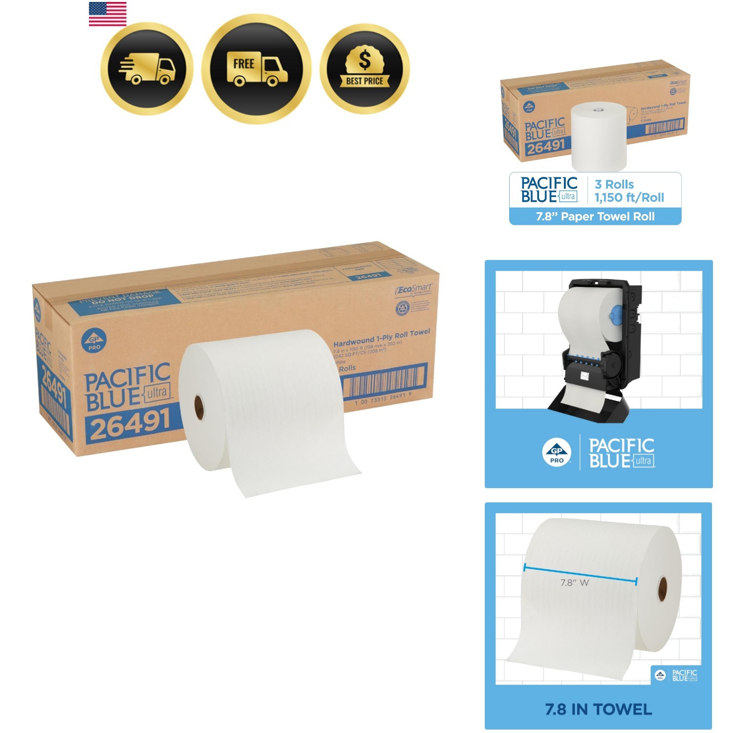 Blue Ultra 8” High-Capacity Recycled Paper Towel Rolls by GP PRO , White, 26…