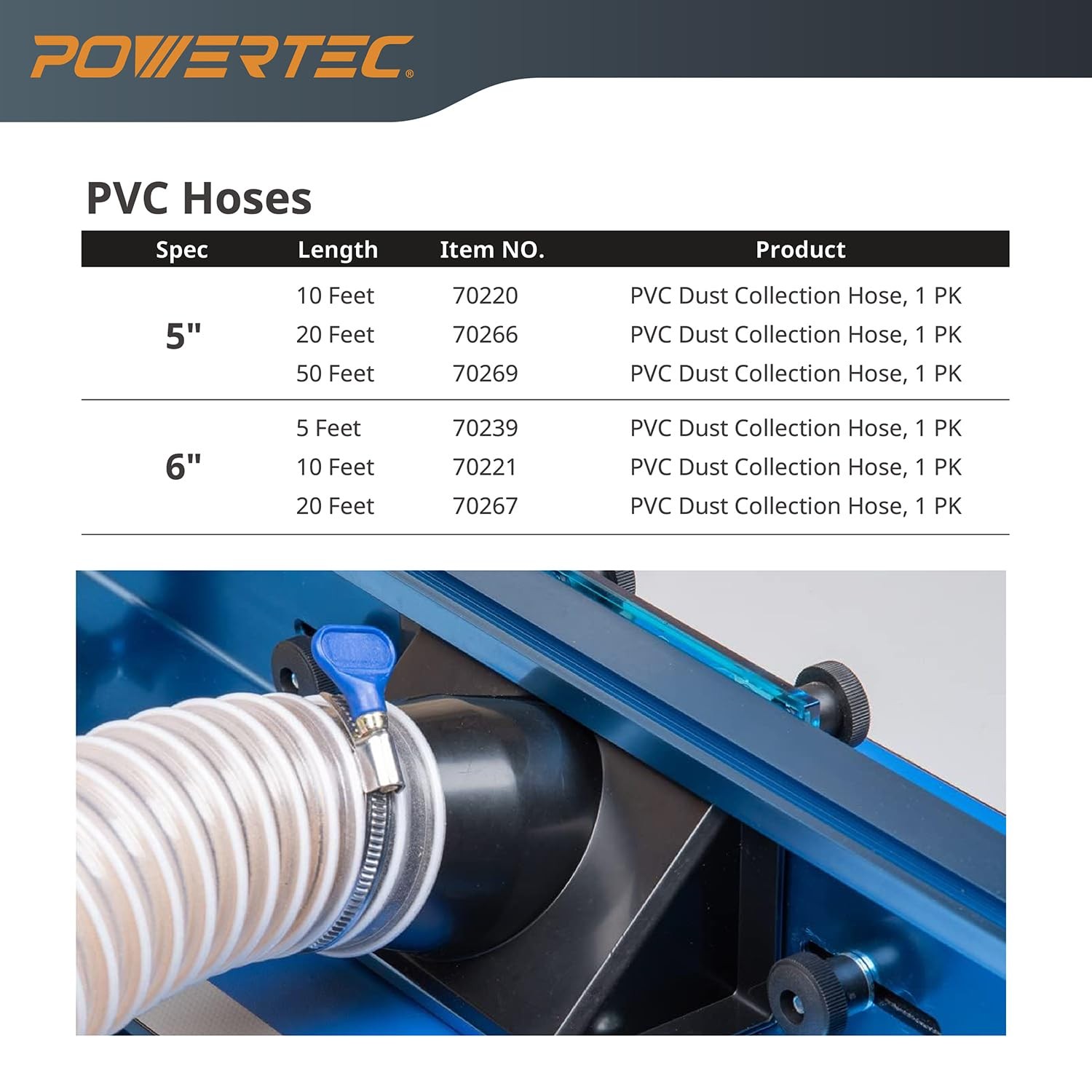 POWERTEC 5 x 10′ Dust Collection Hose, 5 Inch Flexible PVC Hose for Woodworking