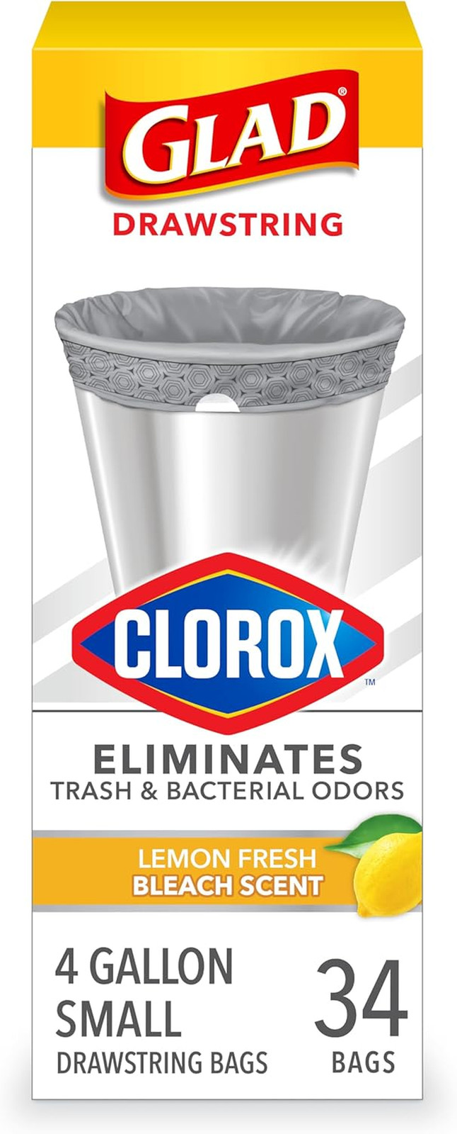 Small Drawstring Trash Bags with Clorox, 4 Gal, Lemon Fresh Bleach, 34 Ct (Packa