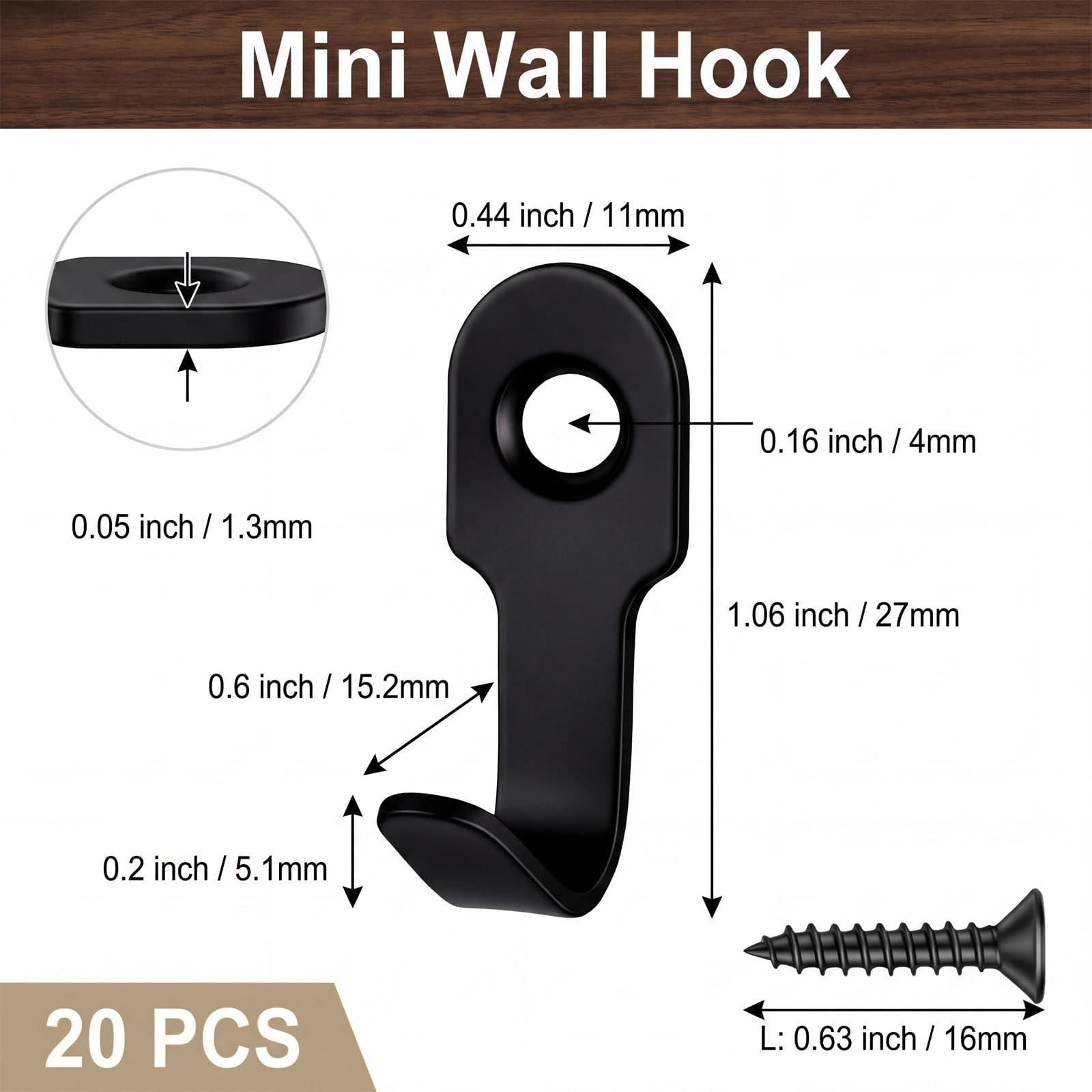 20 PCS Metal Small Wall Hooks with Screws Black Small Hook Stainless Steel Ke…