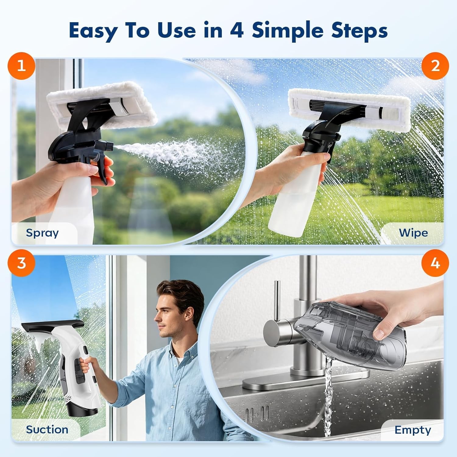 Window Vacuum Squeegee Cordless, 2000Pa Electric Window Cleaner Tool
