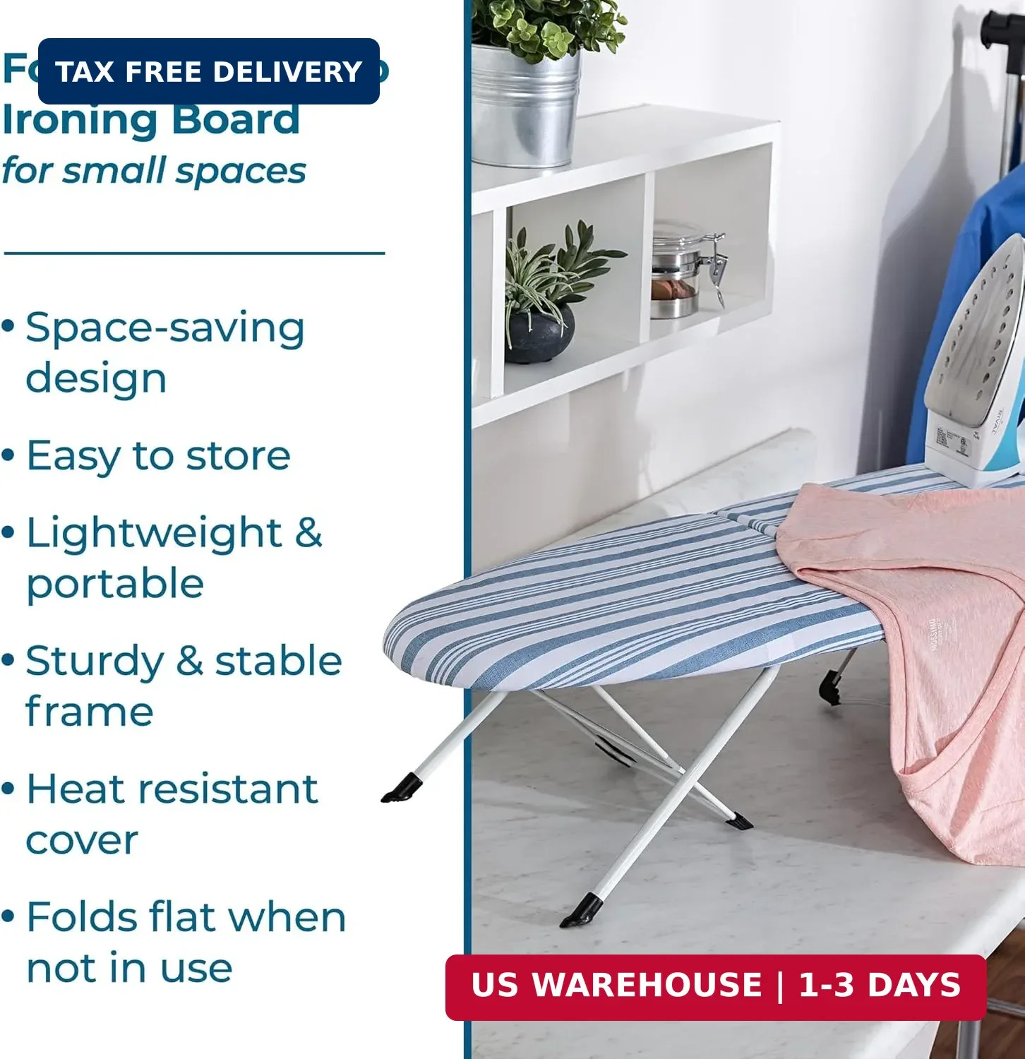Folding Tabletop Ironing Board with Iron Rest, Blue, 32” L X 12” W, Steel Frame
