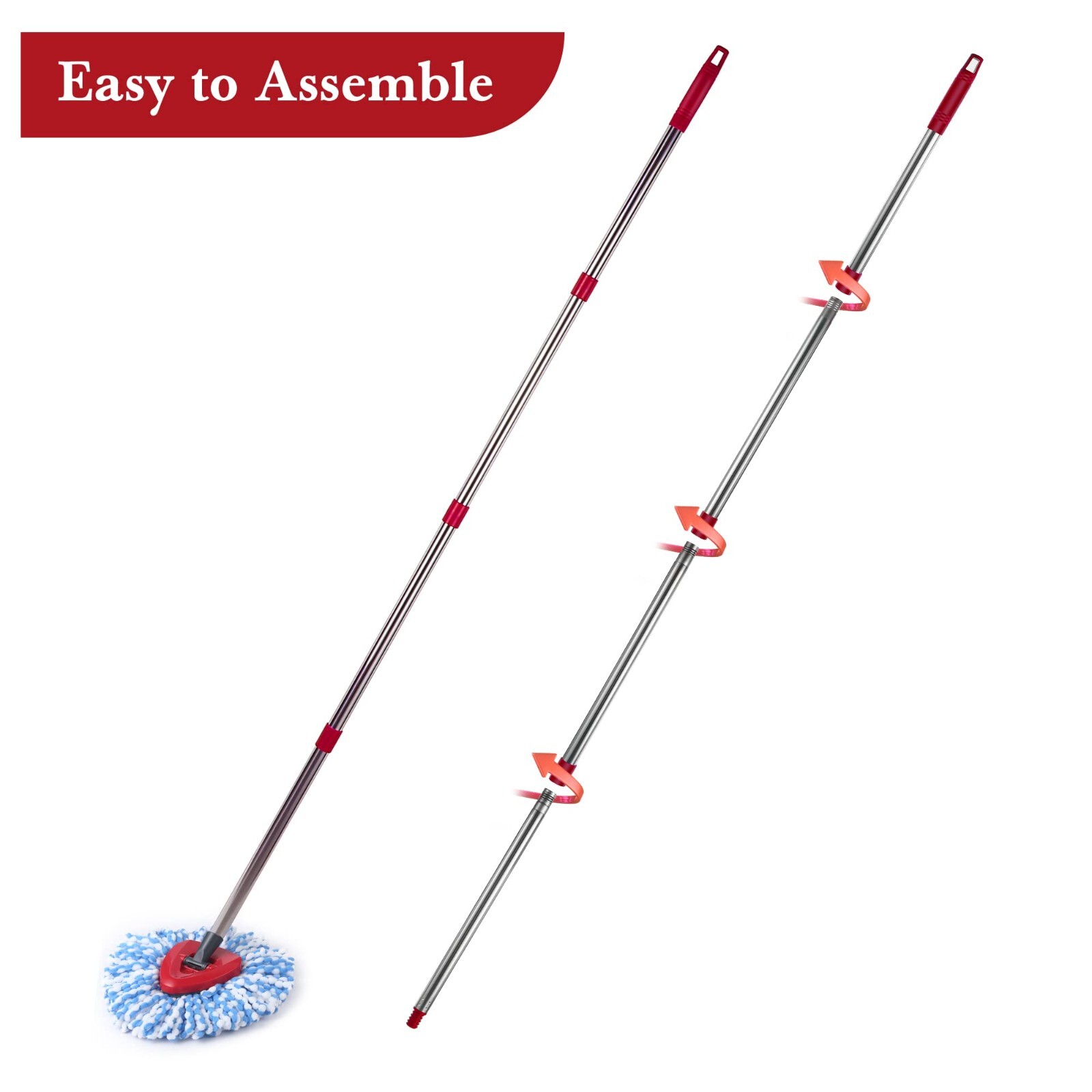 4 SectionSpin Mop Replacement Handle 32 Inch to 56 Inch Stainless Steel Red