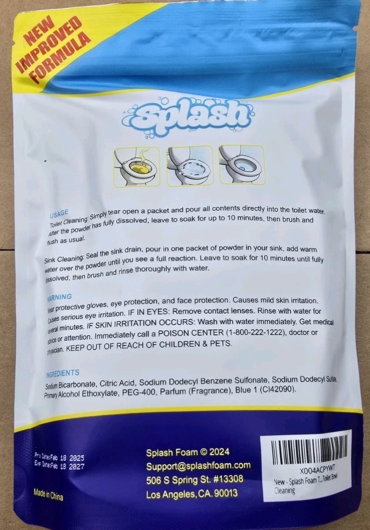 Splash Foam Toilet Cleaner Self Activating Cleaning Powder Exp Feb 2027 New!