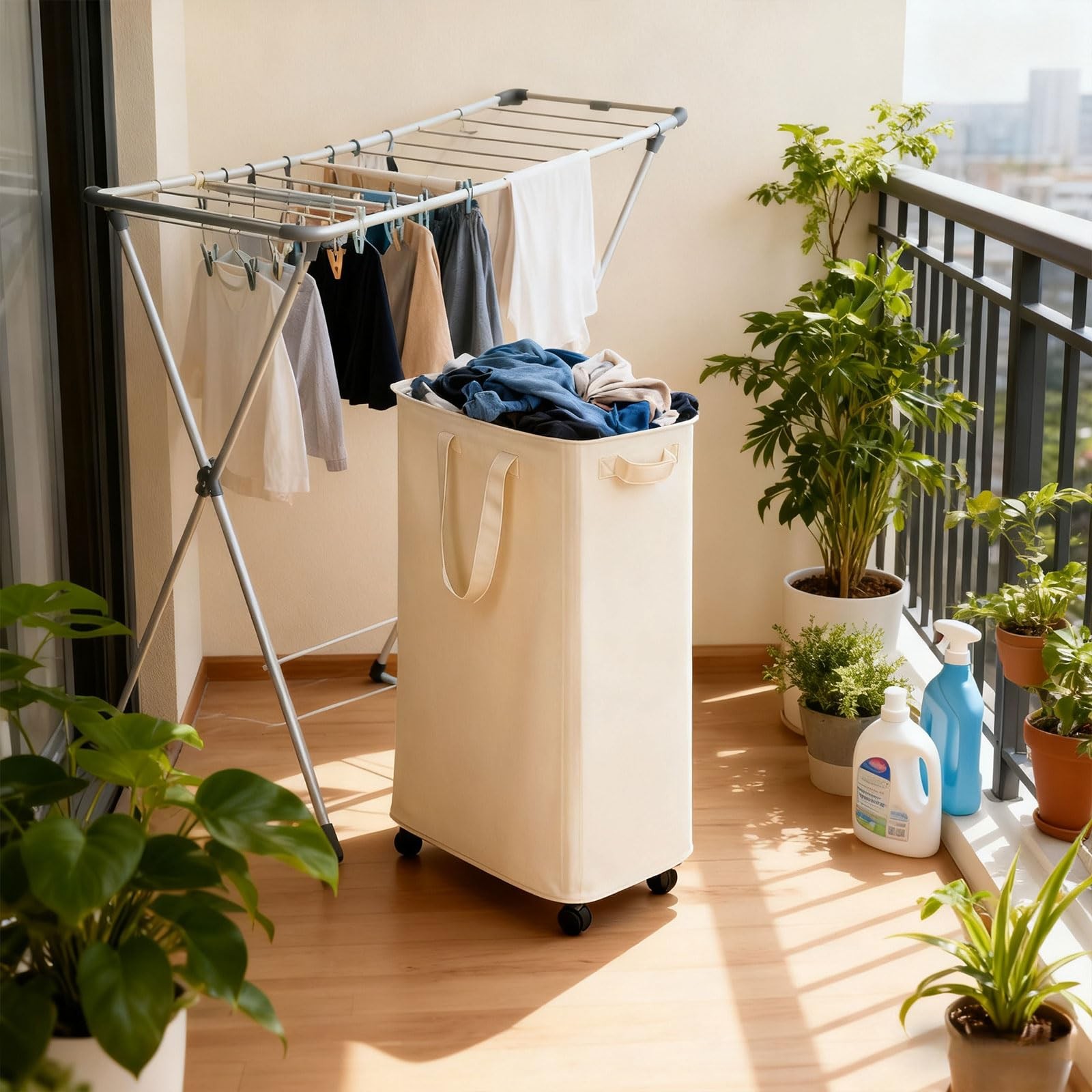 85L Rolling Laundry Hamper Lid Wheels Foldable Dirty Clothes Organizer Beige