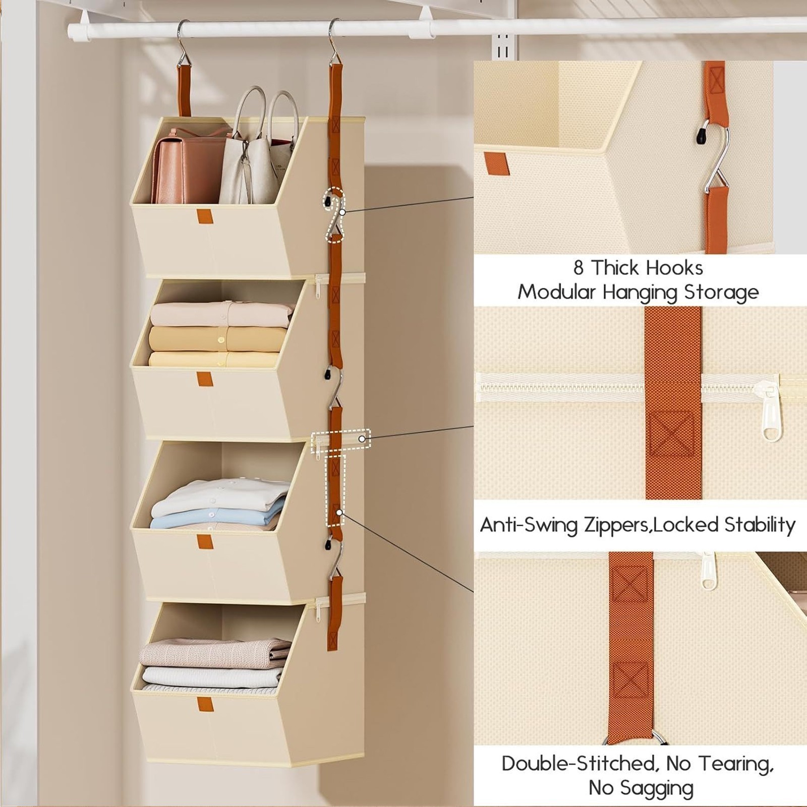 4 Tier Hanging Closet Organizer Shelves Storage Bins Space Saving Clothes US ✨