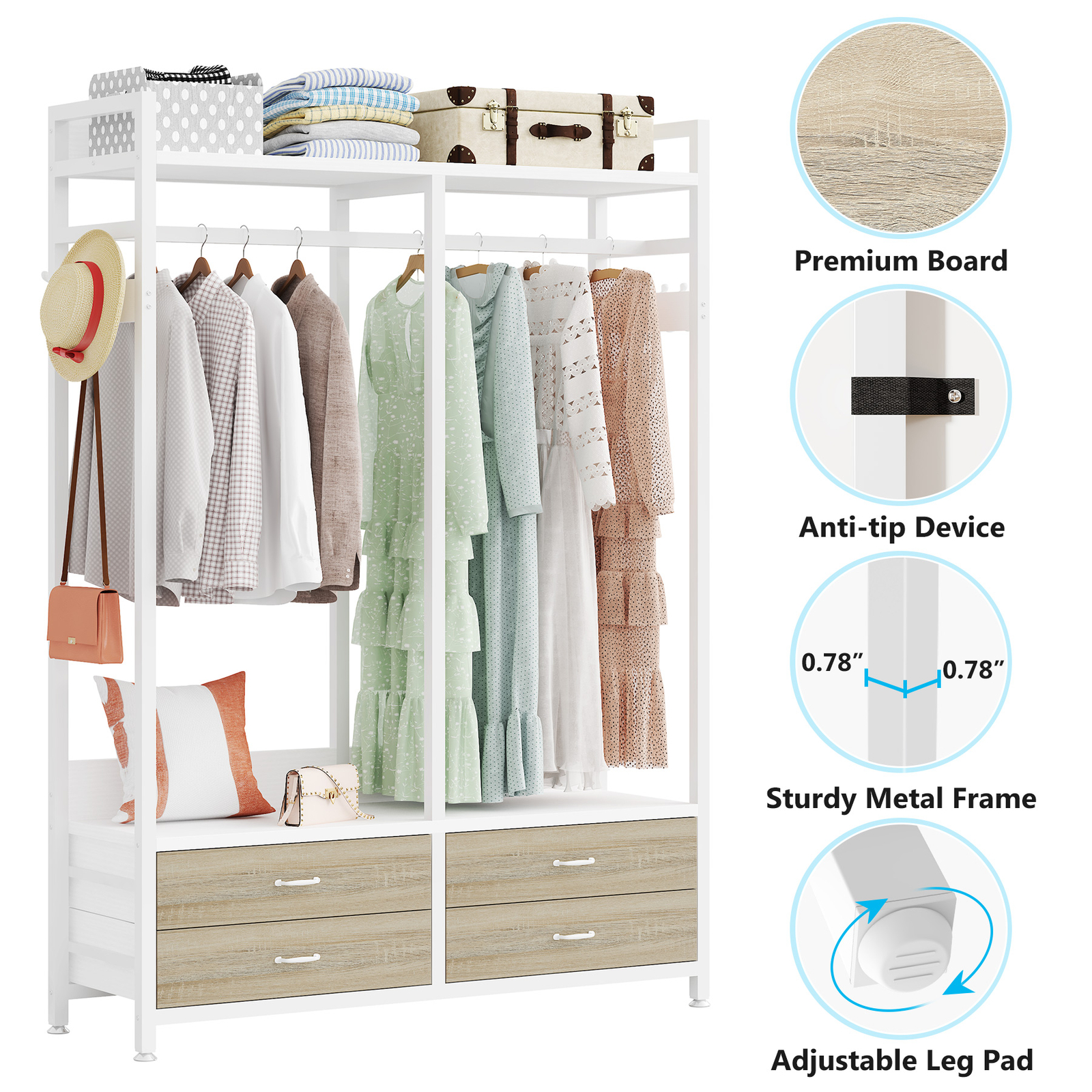 Tribesigns Closet Organizer with 4 Large Drawers, Clothes Garment Rack with Hook