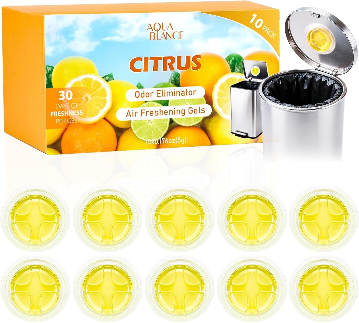 10 Pack Trash Can Deodorizer, Citrus Scent Stick-On Gel Air Freshener Up to 30 D