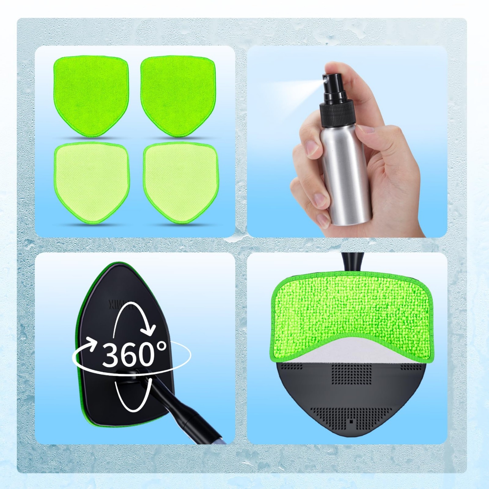Interior Windshield Cleaner Tool Kit – 4 Reusable Microfiber Pads, Extendable Ha