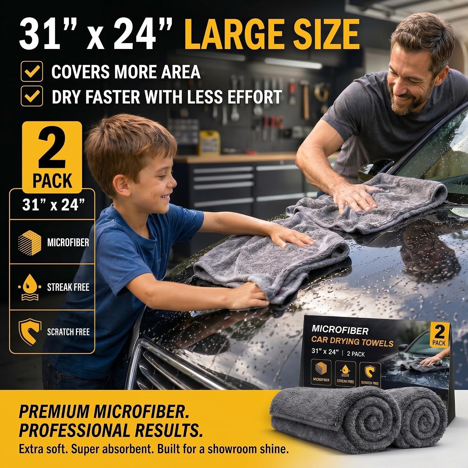 2 Pack Professional Large Microfiber Car Drying Towels (31″ x 24″), Scratch Free