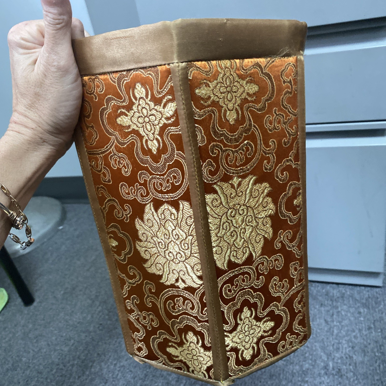 VTG Chinese Silk Brocade Hexagonal Waste paper Trash Basket Mcm 11.5x9x8″