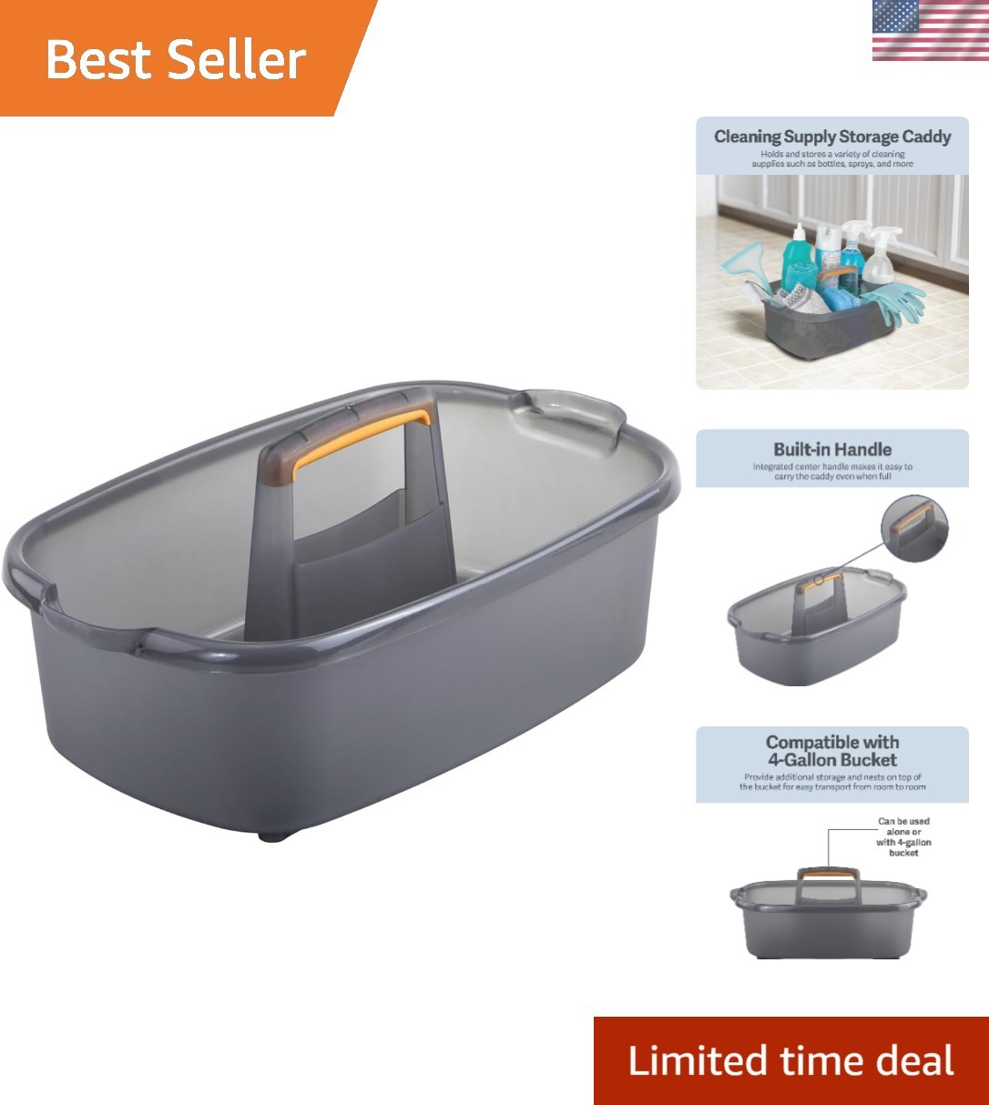 Compact 1.85 Gallon Plastic Cleaning Caddy – Versatile Storage Solution, Gray