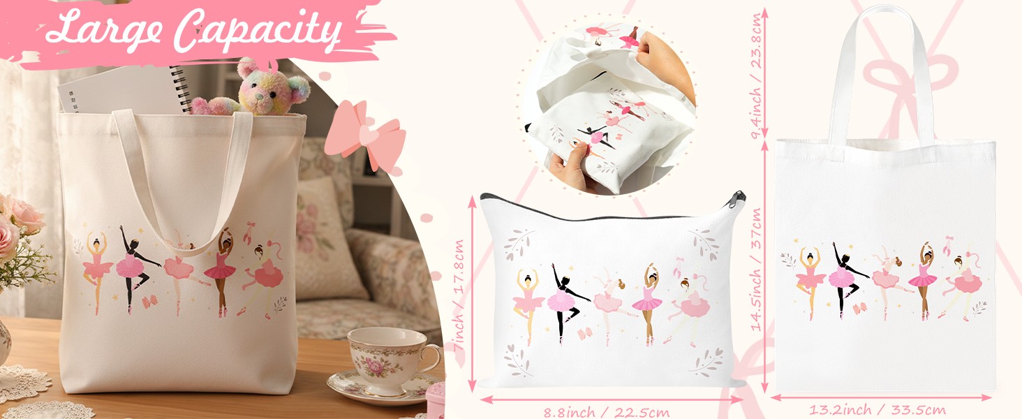 Ballet Canvas Bag Gifts – 2Pcs Ballerina Watercolor Print Canvas Tote Bag Makeup