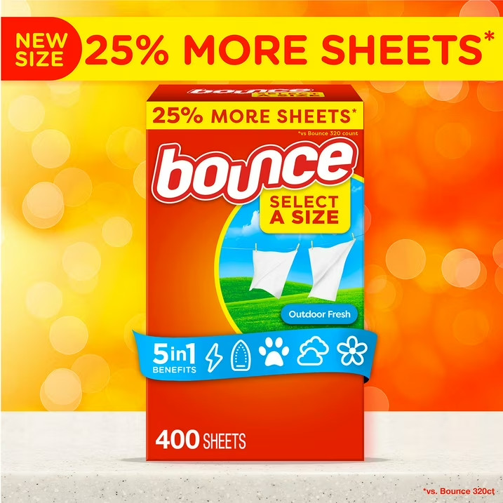 Bounce Select a Size Fabric Softener Dryer Sheets, Outdoor Fresh, 400 count.
