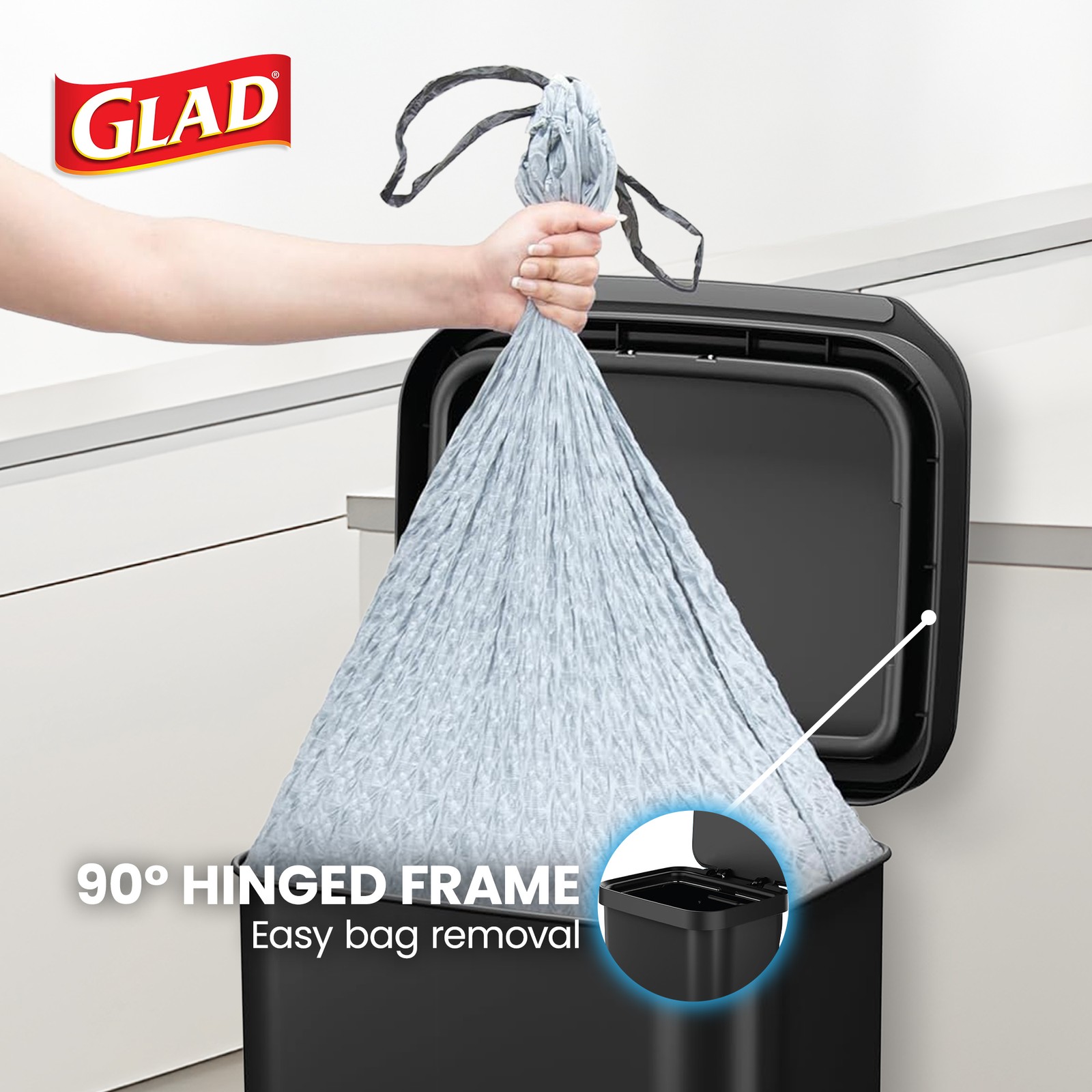 Glad Step Trash Can, Soft Close Bin w/Odor Protection, 20 Gal, Black (Open Box)