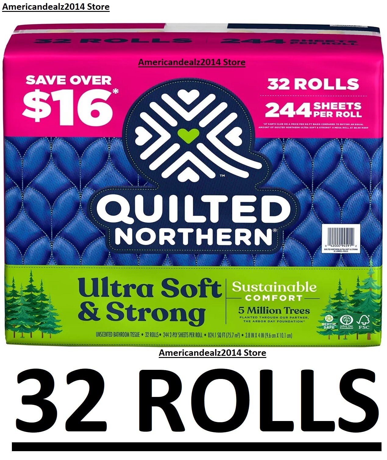 32 Rolls Quilted Northern Ultra Soft & Strong 2-Ply Toilet Paper 244 sheets/roll