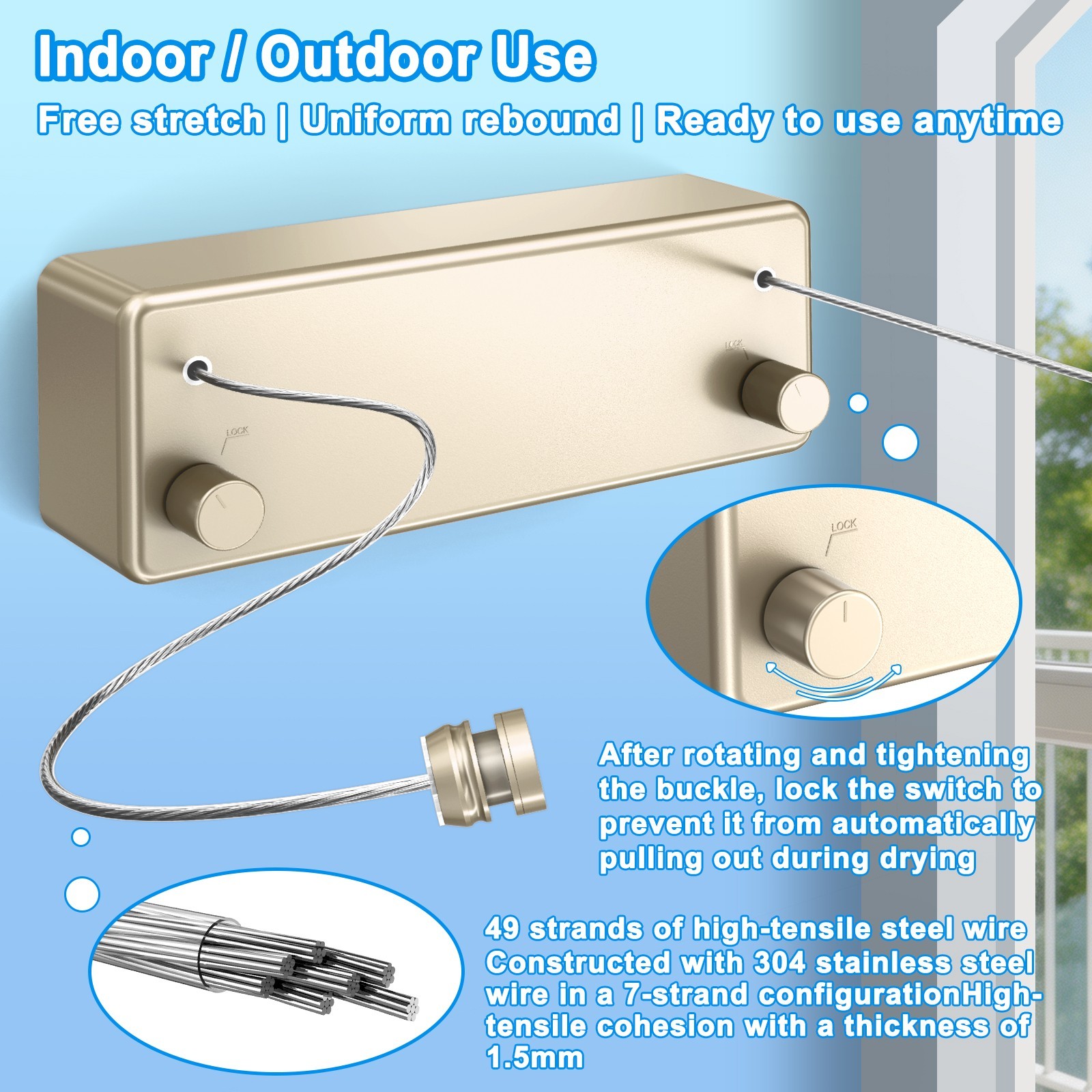 Retractable Clothesline 304 Stainless Steel 33lb Load Indoor/Outdoor Wall Mount