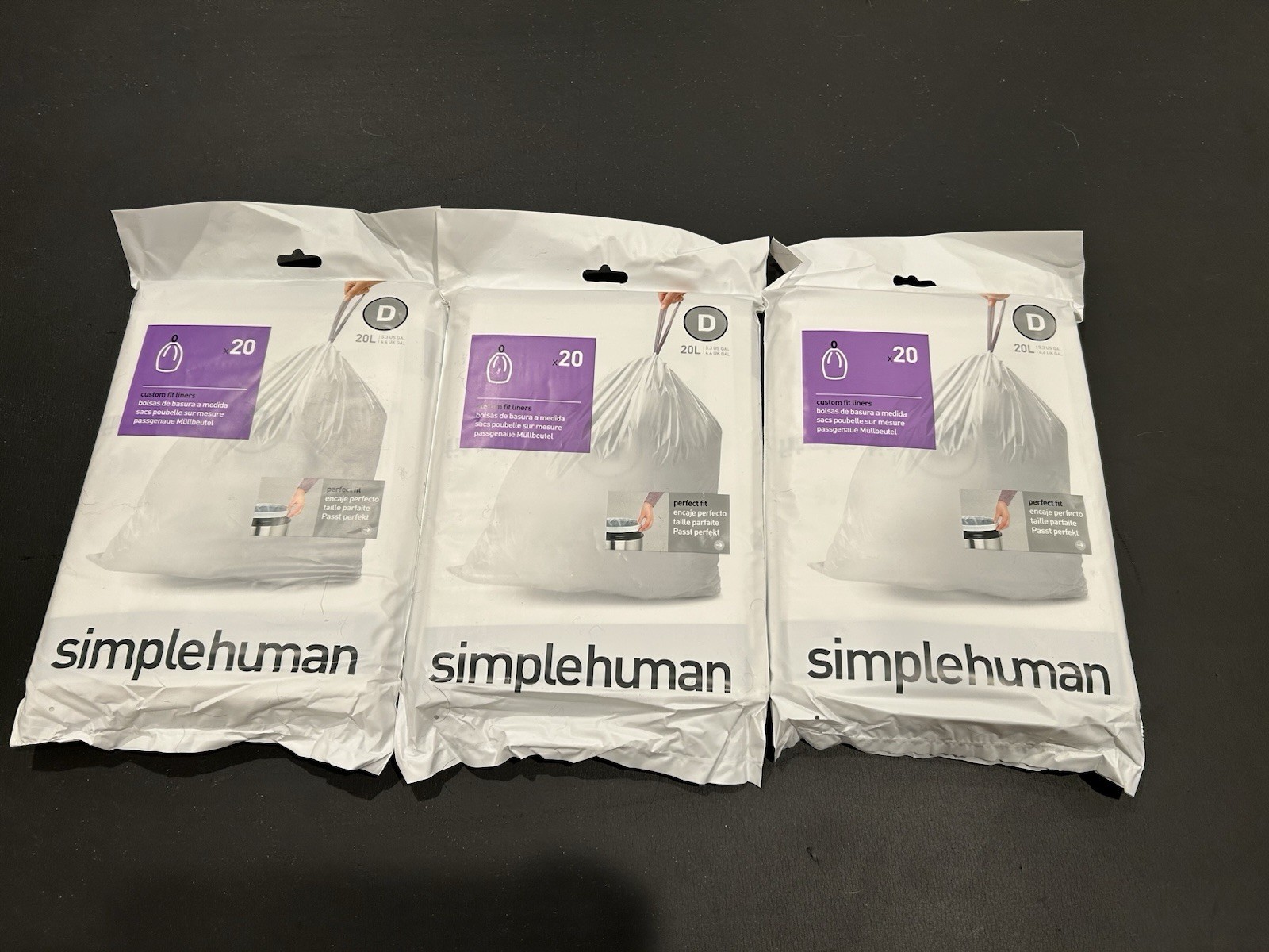 SIMPLEHUMAN Code D Custom Fit Kitchen Trash Bag Liners 60 Count (3 packs of 20)