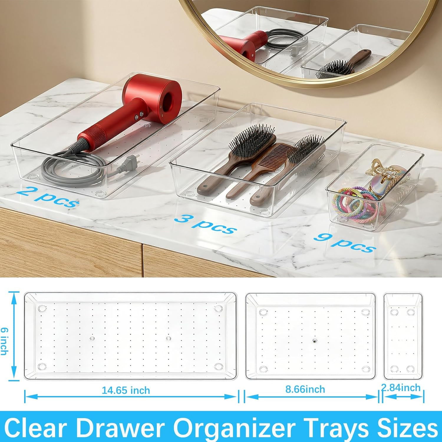 14 Pcs Clear Plastic Drawer Organizer Tray with 2 Pcs 15″x6″ Extra Large Trays,
