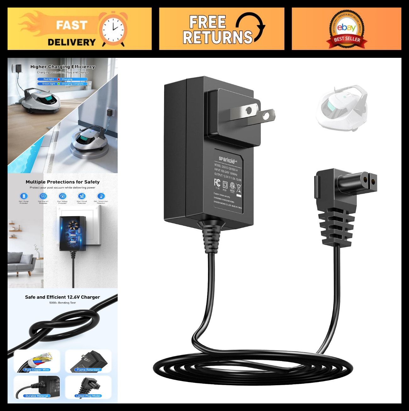 Quick Charge 12.6V AC Adapter for Cordless Pool Vacuum Cleaner, Compatible with