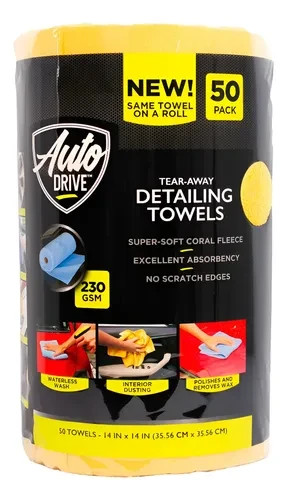 Auto Drive Microfiber Detailing Towels Roll 50 Count Tear Away 14×14 Inch