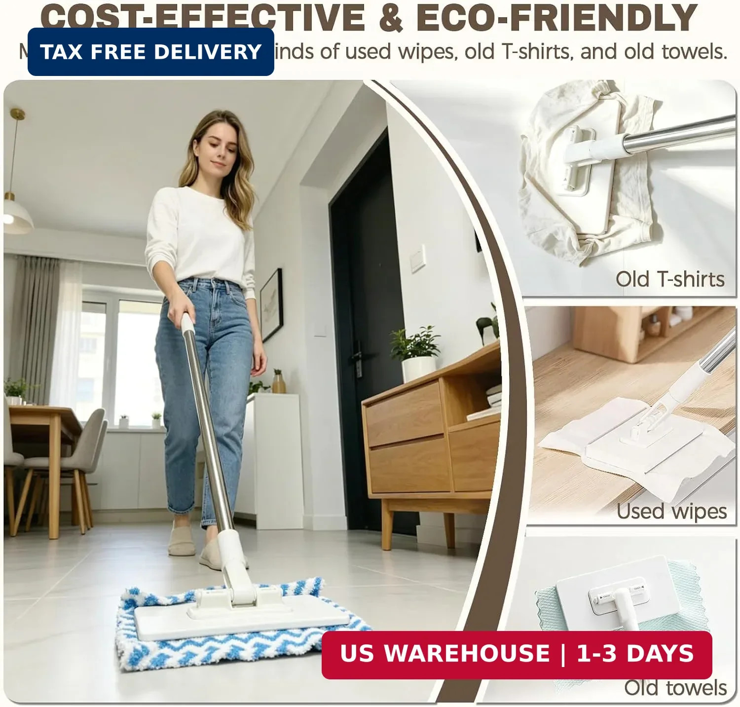 Hands Free Flat Mop, Snap Grip Mini Mop, Cloth Changing Mini Mop | Zero Touch Ga