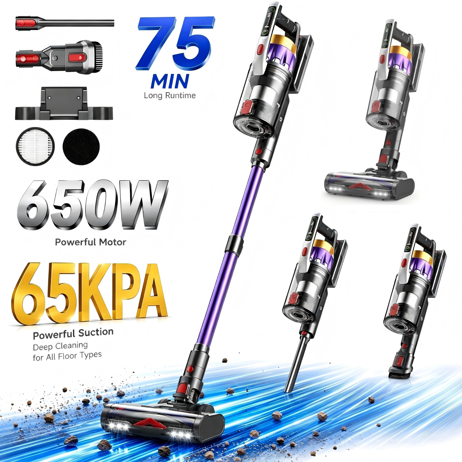 Cordless Vacuum Cleaner 650W 65KPA 75Min Self-Standing Stick Vacuum for Home Pet
