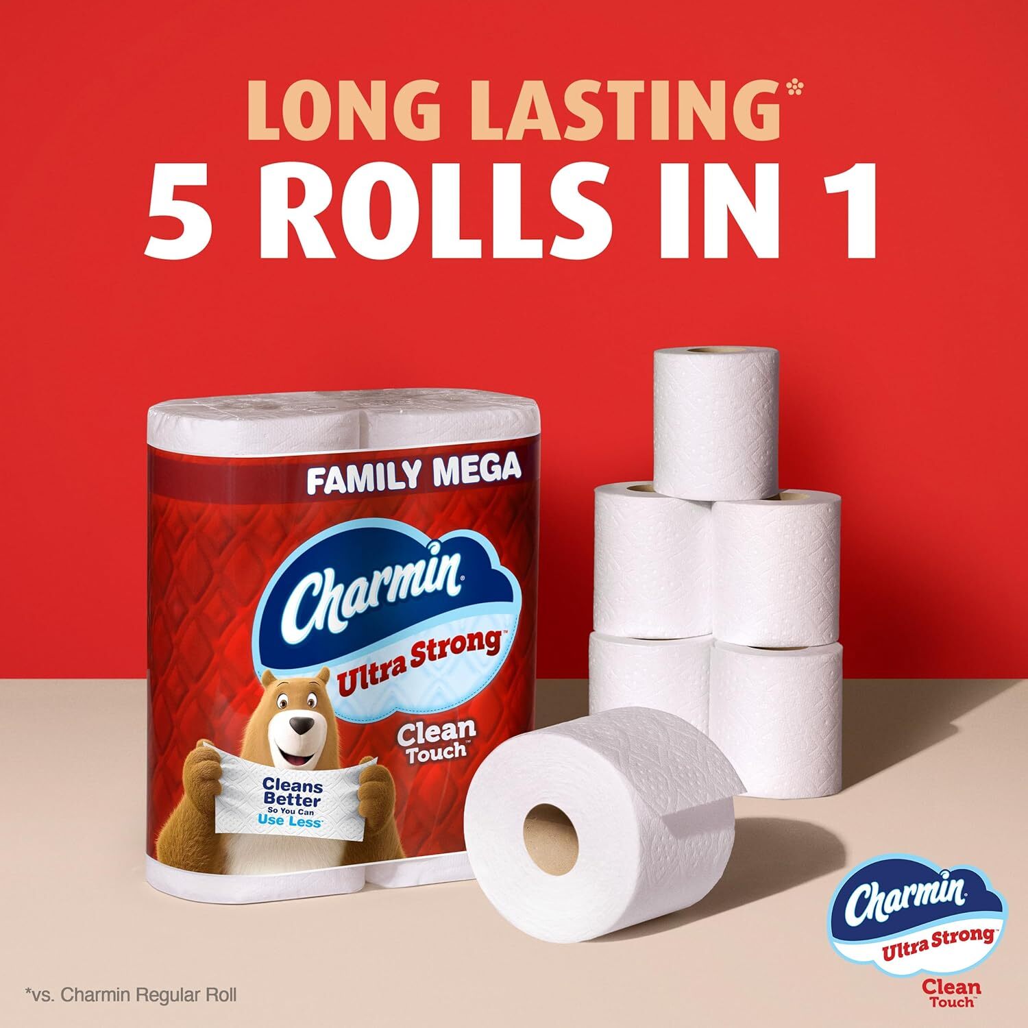 Charmin Ultra Strong Clean Touch Toilet Paper, 18 Family Mega Rolls 90 Regular