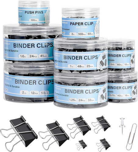 408 PCS Binder Clips Paper Clamps Assorted Sizes and Push 408 Pcs, Black