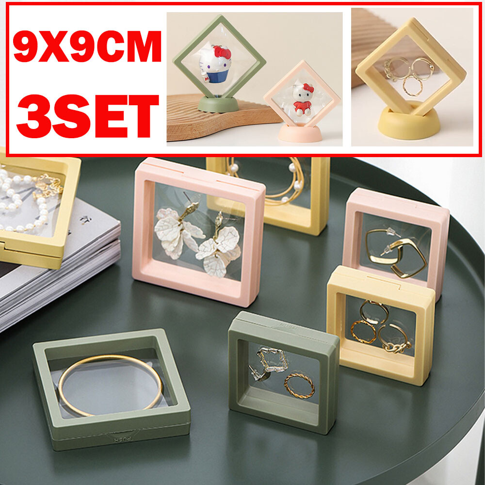 (3 Set) PE Film Jewelry Storage Box & Base 9*9cm Rings Necklace Holders Display